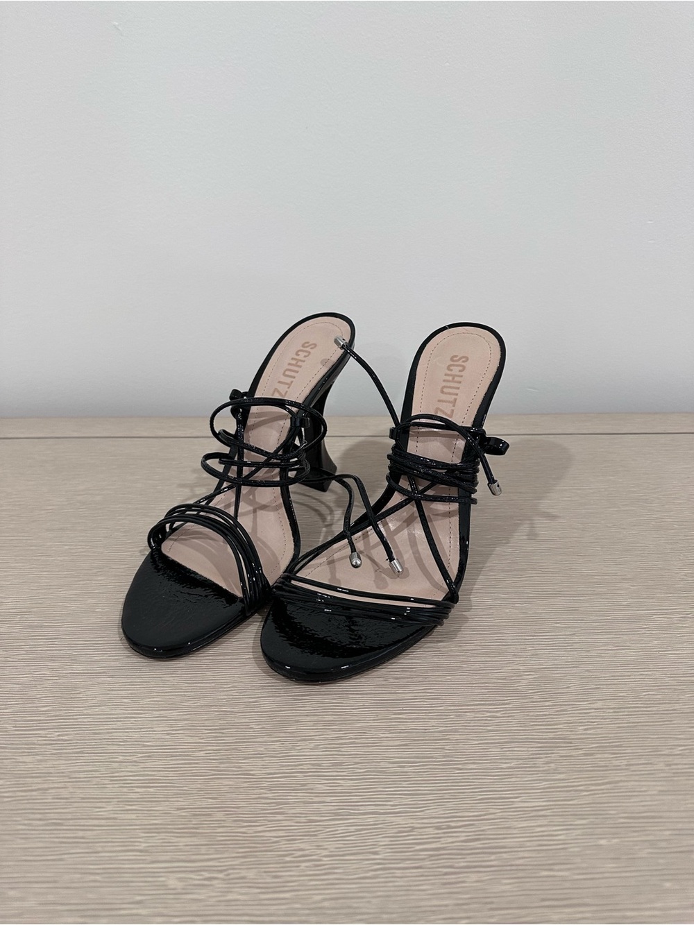 SCHUTZ Black Patent Lace-Up Strappy Heels